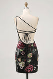 Black Flower Bodycon Sequin One Shoulder Cocktail Dress