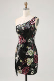 Black Flower Bodycon Sequin One Shoulder Cocktail Dress