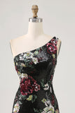 Black Flower Bodycon Sequin One Shoulder Cocktail Dress