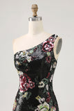 Black Flower Bodycon Sequin One Shoulder Cocktail Dress