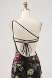 Black Flower Bodycon Sequin One Shoulder Cocktail Dress