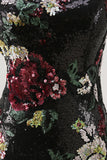 Black Flower Bodycon Sequin One Shoulder Cocktail Dress