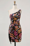 Black Flower Bodycon One Shoulder Embroidery Cocktail Dress