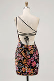 Black Flower Bodycon One Shoulder Embroidery Cocktail Dress