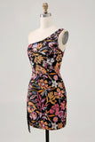 Black Flower Bodycon One Shoulder Embroidery Cocktail Dress