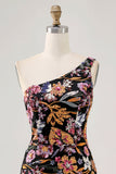 Black Flower Bodycon One Shoulder Embroidery Cocktail Dress
