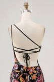 Black Flower Bodycon One Shoulder Embroidery Cocktail Dress