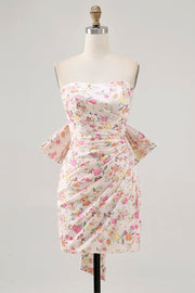 Pink Flower Strapless Bodycon Ruched Cocktail Dress