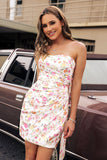 Strapless Bodycon Pink Flower Cocktail Dress with Bow