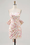 Strapless Bodycon Pink Flower Cocktail Dress with Bow