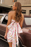 Strapless Bodycon Pink Flower Cocktail Dress with Bow
