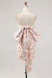 Strapless Bodycon Pink Flower Cocktail Dress with Bow