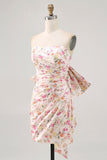 Pink Flower Strapless Bodycon Ruched Cocktail Dress
