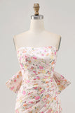Pink Flower Strapless Bodycon Ruched Cocktail Dress