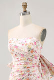Pink Flower Strapless Bodycon Ruched Cocktail Dress