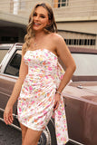Strapless Bodycon Pink Flower Cocktail Dress with Bow