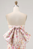 Pink Flower Strapless Bodycon Ruched Cocktail Dress