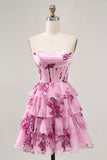 Tiered Pink Floral Strapless Cocktail Dress