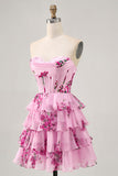 Tiered Pink Floral Strapless Cocktail Dress