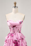 Tiered Pink Floral Strapless Cocktail Dress