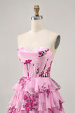 Tiered Pink Floral Strapless Cocktail Dress
