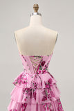 Tiered Pink Floral Strapless Cocktail Dress