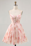 Blush Floral A Line Square Neck Corset Printed Short Prom Dress
