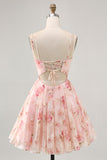 Blush Floral A Line Square Neck Corset Printed Short Prom Dress