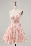 Blush Floral A Line Square Neck Corset Printed Short Prom Dress