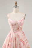 Blush Floral A Line Square Neck Corset Printed Short Prom Dress