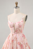 Blush Floral A Line Square Neck Corset Printed Short Prom Dress