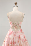 Blush Floral A Line Square Neck Corset Printed Short Prom Dress