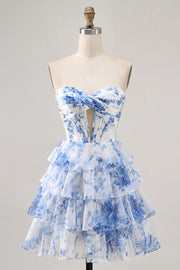 Strapless White Blue Flower Corset Cocktail Dress