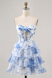 White Blue Flower Corset Cut Out Strapless Short Prom Dress