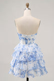 White Blue Flower Corset Cut Out Strapless Short Prom Dress