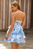 White Blue Flower Corset Cut Out Strapless Short Prom Dress