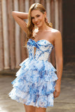 White Blue Flower Corset Cut Out Strapless Short Prom Dress