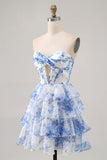 Strapless White Blue Flower Corset Cocktail Dress