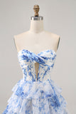 Strapless White Blue Flower Corset Cocktail Dress