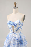 Strapless White Blue Flower Corset Cocktail Dress