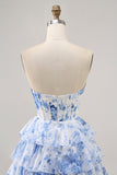 Strapless White Blue Flower Corset Cocktail Dress