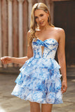 White Blue Flower Corset Cut Out Strapless Short Prom Dress