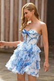 White Blue Flower Corset Cut Out Strapless Short Prom Dress