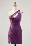 Dark Purple One Shoulder Bodycon Cocktail Dress with Appliques