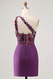 Dark Purple One Shoulder Bodycon Cocktail Dress with Appliques