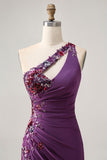 Dark Purple One Shoulder Bodycon Cocktail Dress with Appliques
