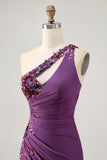 Dark Purple One Shoulder Bodycon Cocktail Dress with Appliques