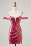 Sparkly Fuchsia Off The Shoulder Bodycon Sequin Short Prom Dress