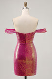 Sparkly Fuchsia Off The Shoulder Bodycon Sequin Short Prom Dress