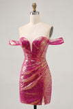 Sparkly Fuchsia Off The Shoulder Bodycon Sequin Short Prom Dress